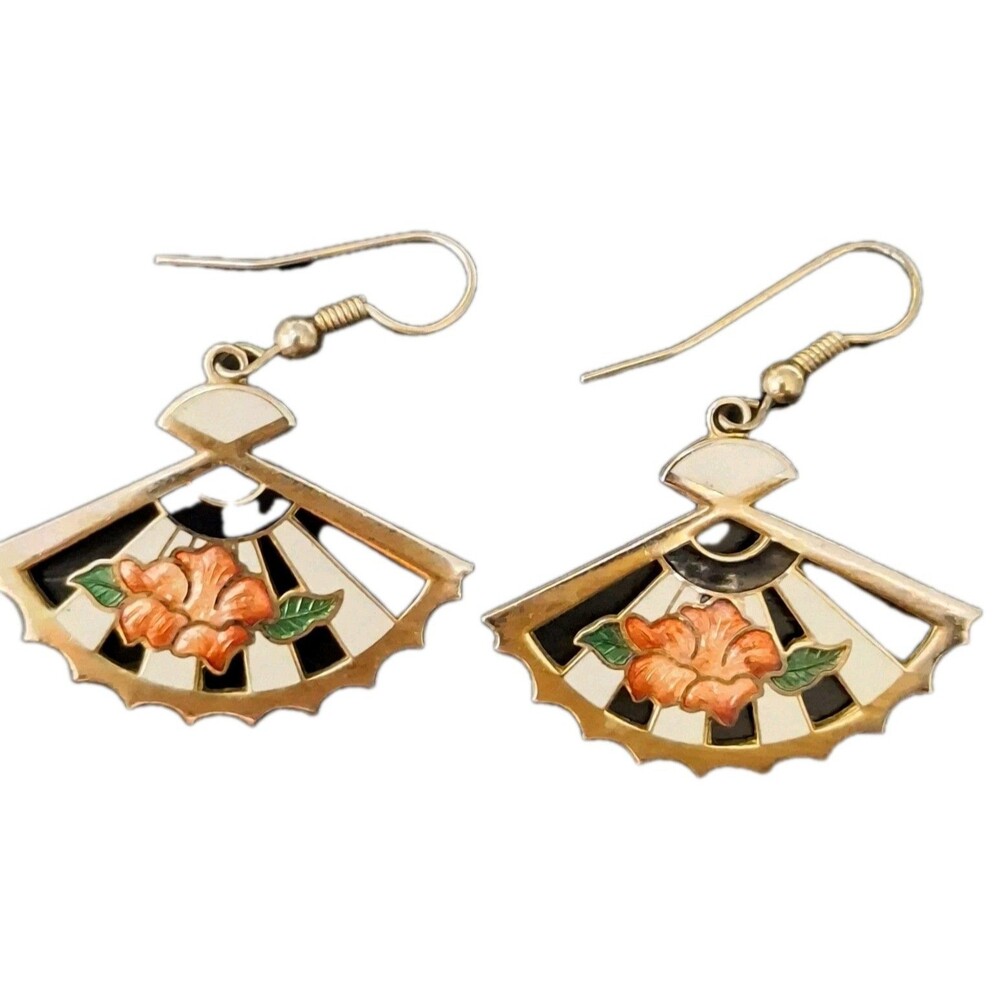 Vintage Cloisonne Enamel Fan Flower  Earrings Colorful Dangle Drop Pierced